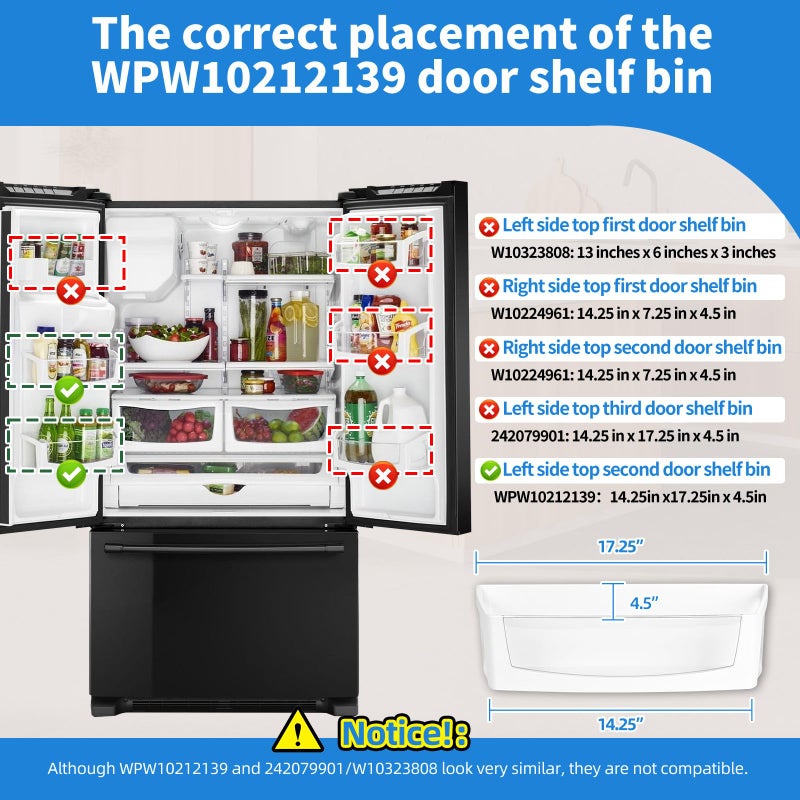 W10212139 WPW10212139 صندوق رف باب الثلاجة متوافق مع رف أجزاء ثلاجة Maytag Whirlpool WPW10212139 استبدال صندوق الكابولي 1547748 PS11750465 AP6017170 صندوق الباب الأيسر للثلاجة - Image 2